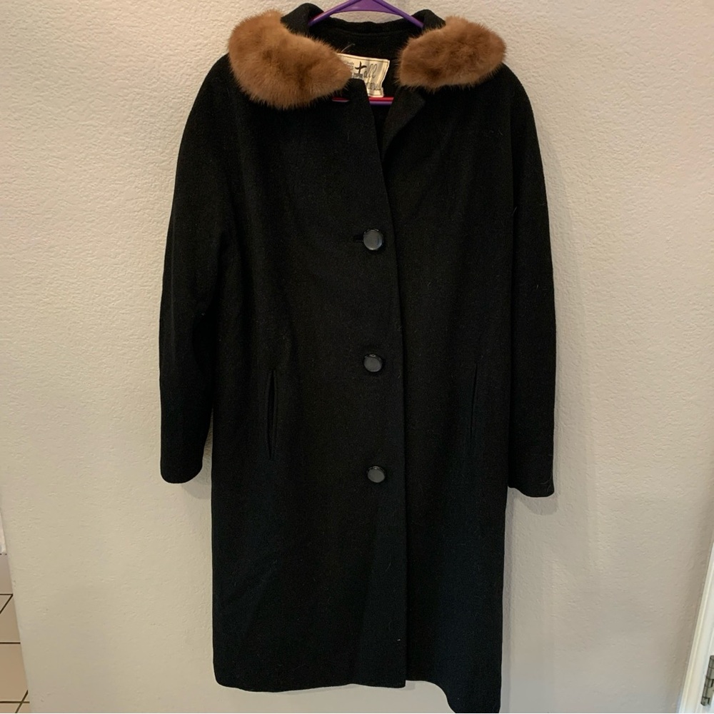 Vintage Black Long Wool Coat With Mink Fur Collar Size M/L Vintage 50s 60s